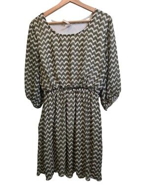 Espresso Vintage Y2k Chevron Squiggle Print Blouson Mini Dress Green & Cream 1X